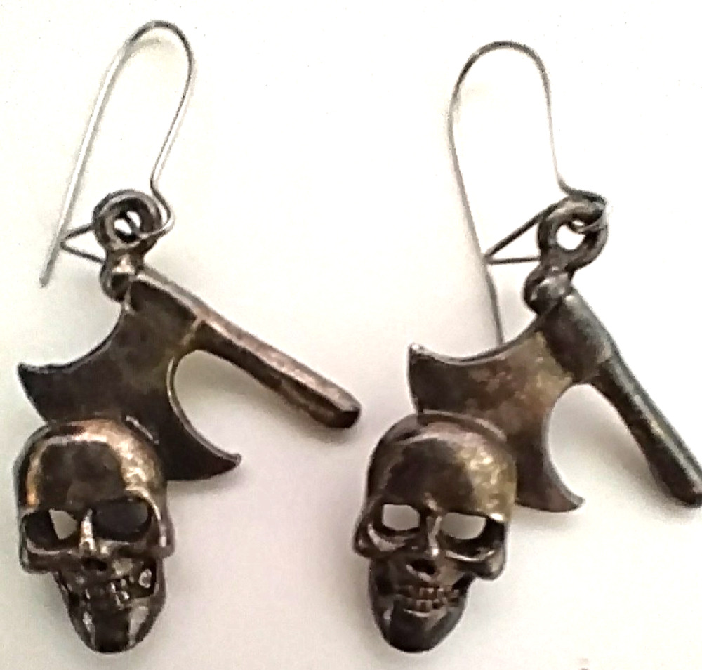 Goth Skull Battle Axe Dangle Earrings Punk Rock Drop Tarnished Halloween